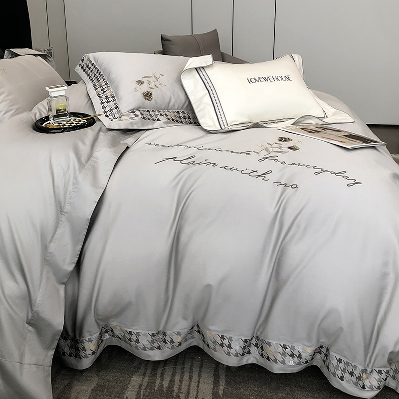 91家纺网 家纺一手货源 找家纺 若未家居 2025新款长绒棉高精密刺绣款百万针工艺套件千鸟格刺绣---锦簇 锦簇 时尚灰