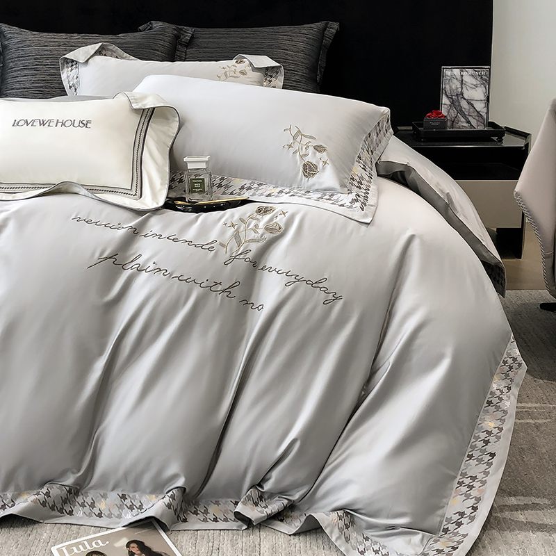 91家纺网 家纺一手货源 找家纺 若未家居 2025新款长绒棉高精密刺绣款百万针工艺套件千鸟格刺绣---锦簇 锦簇 时尚灰