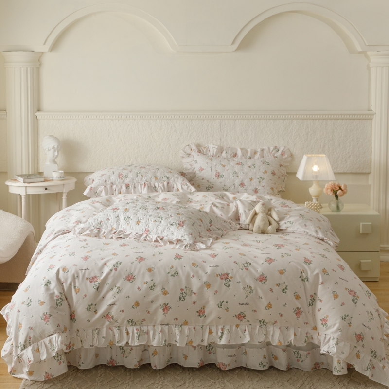 胜权 2024新款高端欧根纱全棉印花夹棉床盖四件套 花兮白