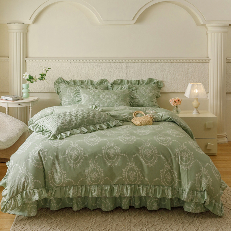 胜权 2024新款高端欧根纱全棉印花夹棉床盖四件套 洛可可