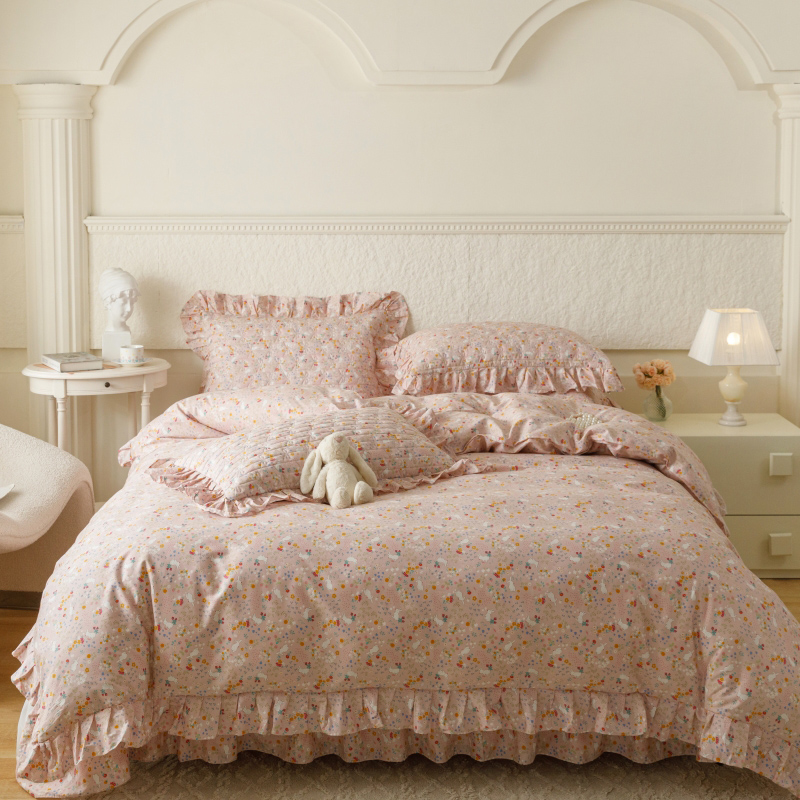 胜权 2024新款高端欧根纱全棉印花夹棉床盖四件套 萌小兔