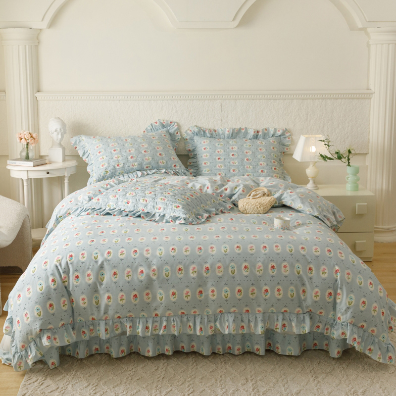 胜权 2024新款高端欧根纱全棉印花夹棉床盖四件套 忘忧草
