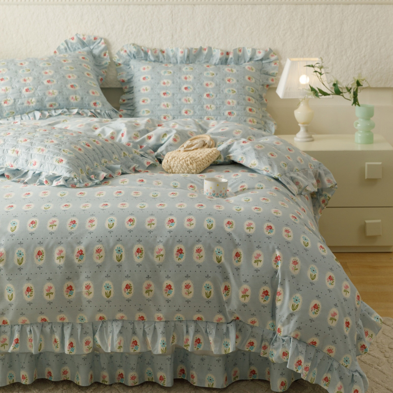 91家纺网 家纺一手货源 找家纺 胜权 2024新款高端欧根纱全棉印花夹棉床盖四件套 忘忧草