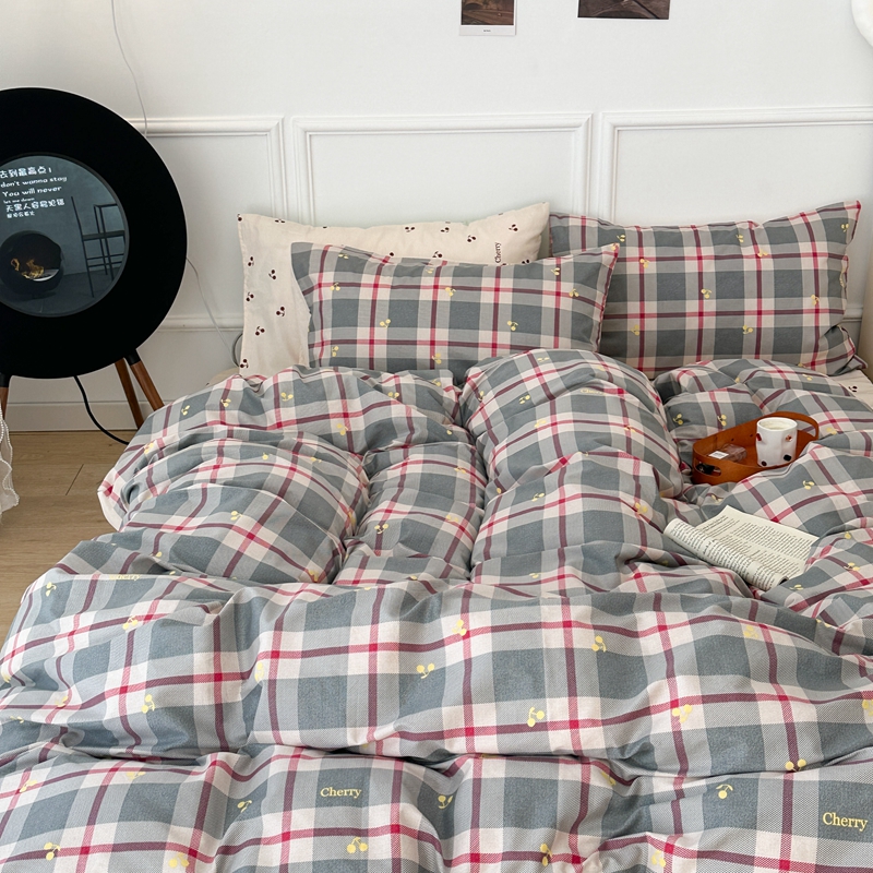 91家纺网 家纺一手货源 找家纺 昔可 2024新款全棉格子元素四件套  蓝格樱桃