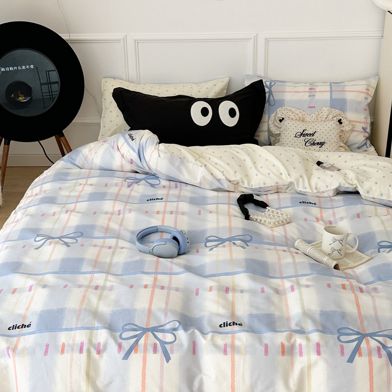 91家纺网 家纺一手货源 找家纺 昔可 2024新款全棉格子元素四件套  蓝色丝带蝴蝶结