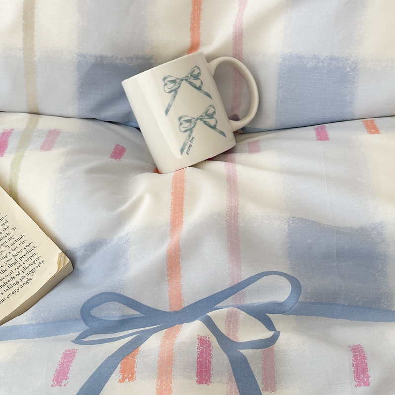 91家纺网 家纺一手货源 找家纺 昔可 2024新款全棉格子元素四件套  蓝色丝带蝴蝶结