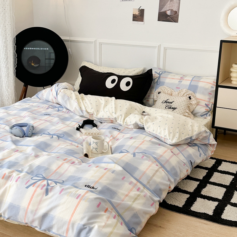 91家纺网 家纺一手货源 找家纺 昔可 2024新款全棉格子元素四件套  蓝色丝带蝴蝶结