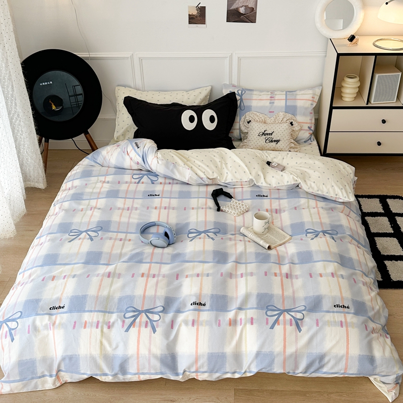 91家纺网 家纺一手货源 找家纺 昔可 2024新款全棉格子元素四件套  蓝色丝带蝴蝶结