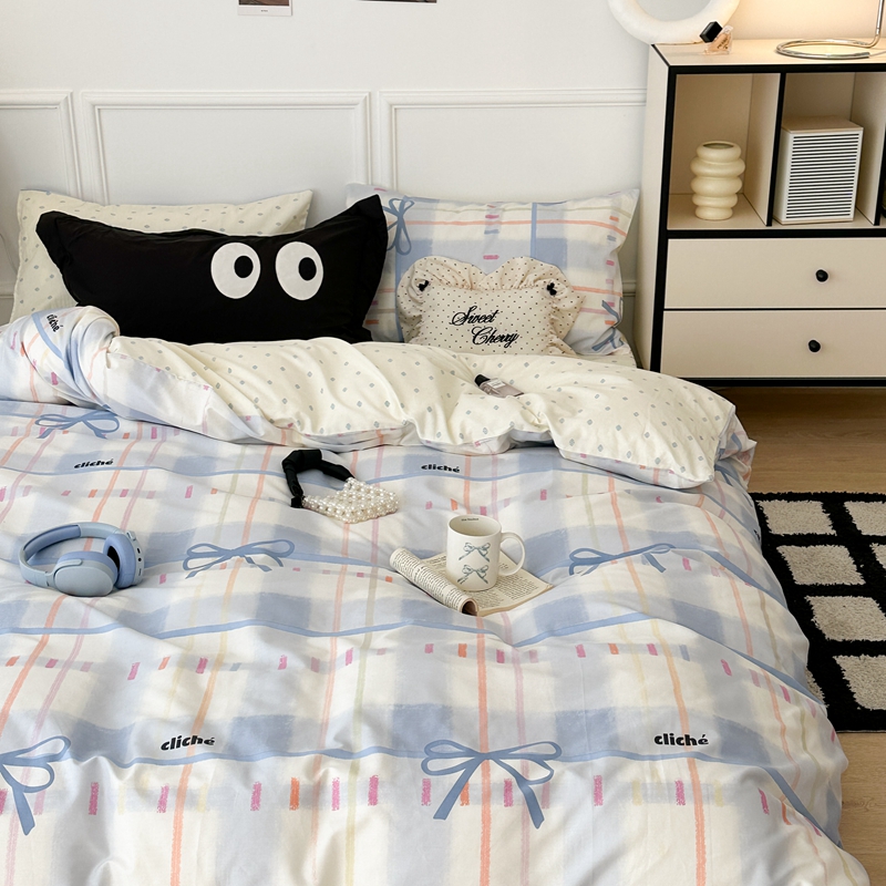 91家纺网 家纺一手货源 找家纺 昔可 2024新款全棉格子元素四件套  蓝色丝带蝴蝶结