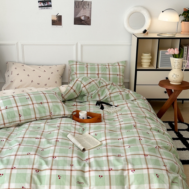 91家纺网 家纺一手货源 找家纺 昔可 2024新款全棉格子元素四件套  绿格樱桃