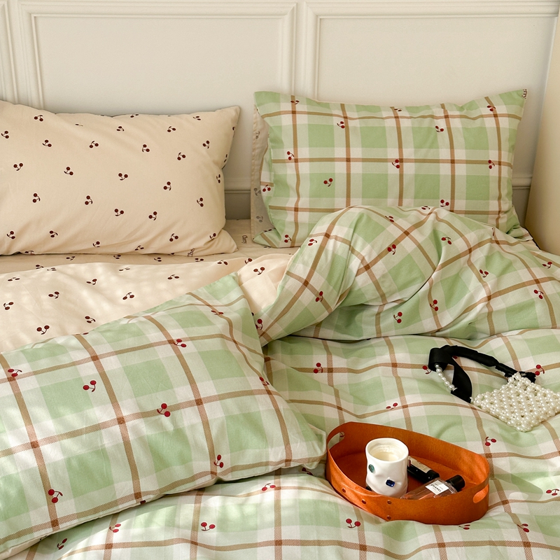 91家纺网 家纺一手货源 找家纺 昔可 2024新款全棉格子元素四件套  绿格樱桃