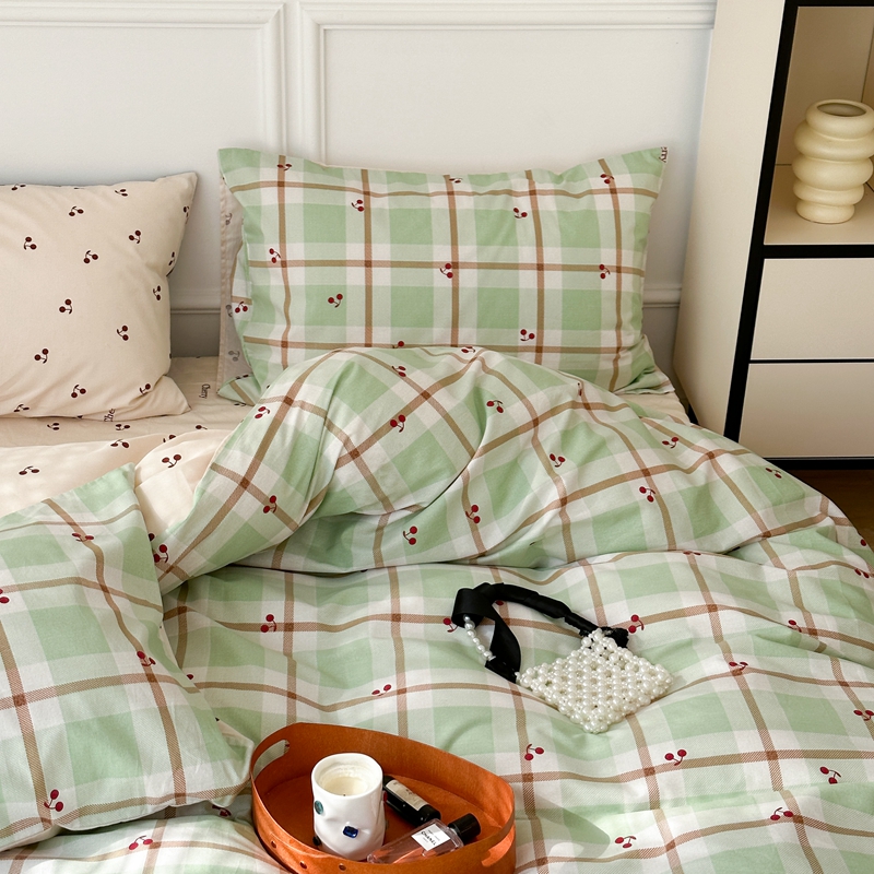 91家纺网 家纺一手货源 找家纺 昔可 2024新款全棉格子元素四件套  绿格樱桃