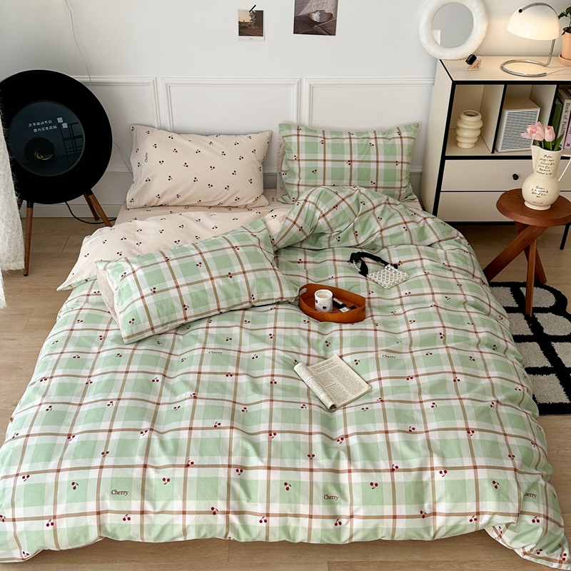 昔可 2024新款全棉格子元素四件套  绿格樱桃