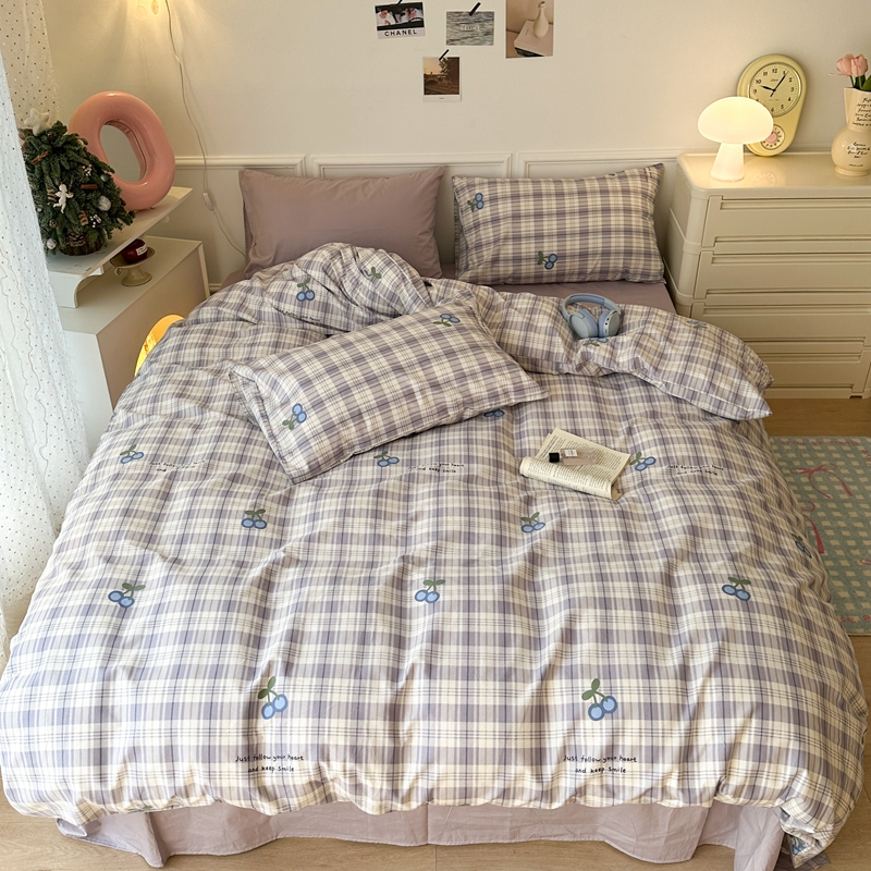昔可 2024新款全棉格子元素四件套  紫格蓝樱桃