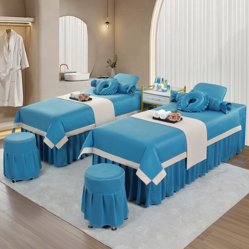高端美 容床罩四件套高档轻奢美 容院按摩理疗头疗床单床罩纯色四季通用定做 宽边系列-蓝色