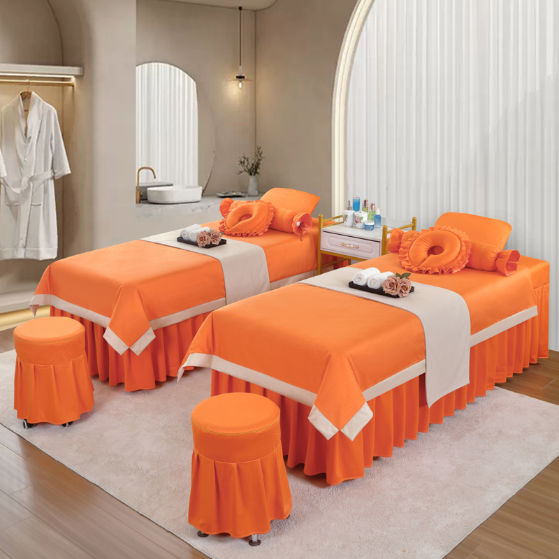 高端美 容床罩四件套高档轻奢美 容院按摩理疗头疗床单床罩纯色四季通用定做 宽边系列-爱玛橙