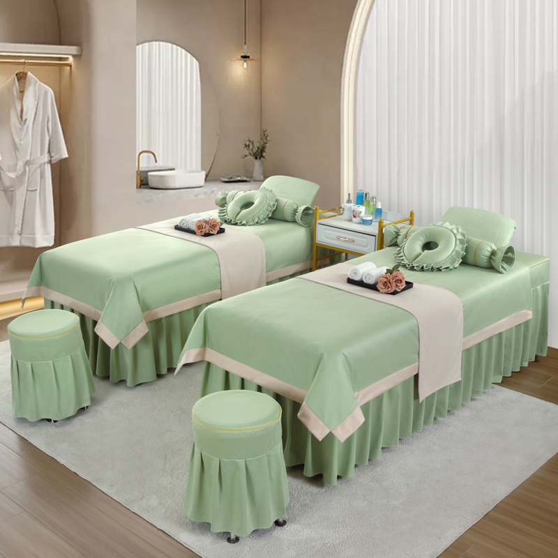 高端美 容床罩四件套高档轻奢美 容院按摩理疗头疗床单床罩纯色四季通用定做 宽边系列-浅绿色