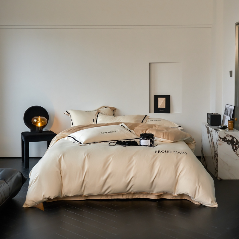 91家纺网 家纺一手货源 找家纺 60支贡缎新疆长绒棉床上四件套被罩高端轻奢简约刺绣被套全棉纯棉 珍娜-奶昔白香槟金