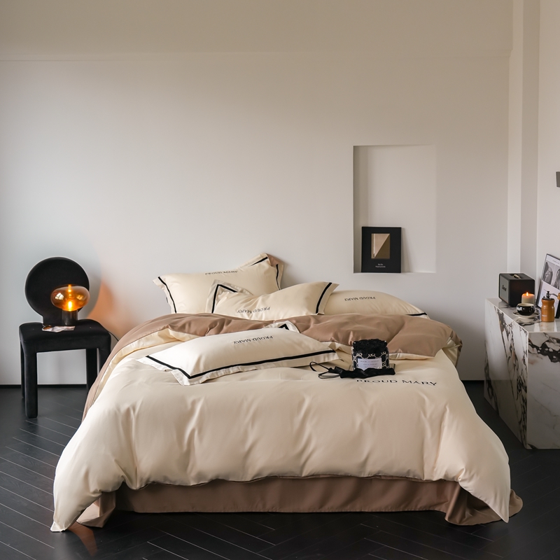 91家纺网 家纺一手货源 找家纺 60支贡缎新疆长绒棉床上四件套被罩高端轻奢简约刺绣被套全棉纯棉 珍娜-奶昔白亚麻咖