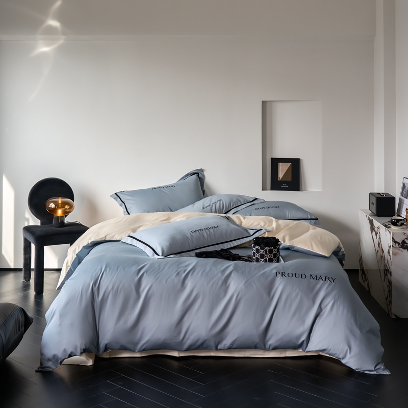 91家纺网 家纺一手货源 找家纺 60支贡缎新疆长绒棉床上四件套被罩高端轻奢简约刺绣被套全棉纯棉 珍娜-天空蓝奶昔白