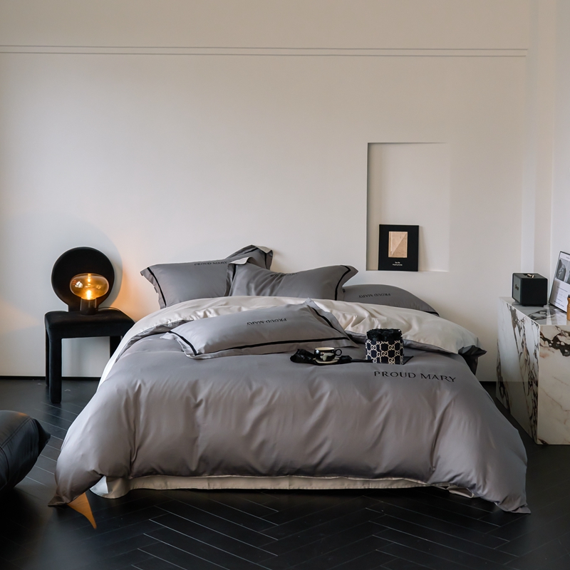 91家纺网 家纺一手货源 找家纺 60支贡缎新疆长绒棉床上四件套被罩高端轻奢简约刺绣被套全棉纯棉 珍娜-雅士灰烟墨灰