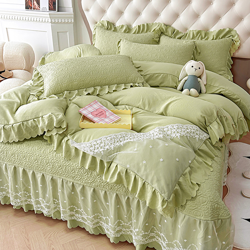 91家纺网 家纺一手货源 找家纺 （总）2025春夏新款A类母婴级双层纱棉麻蕾丝花边床盖四件套—安妮系列