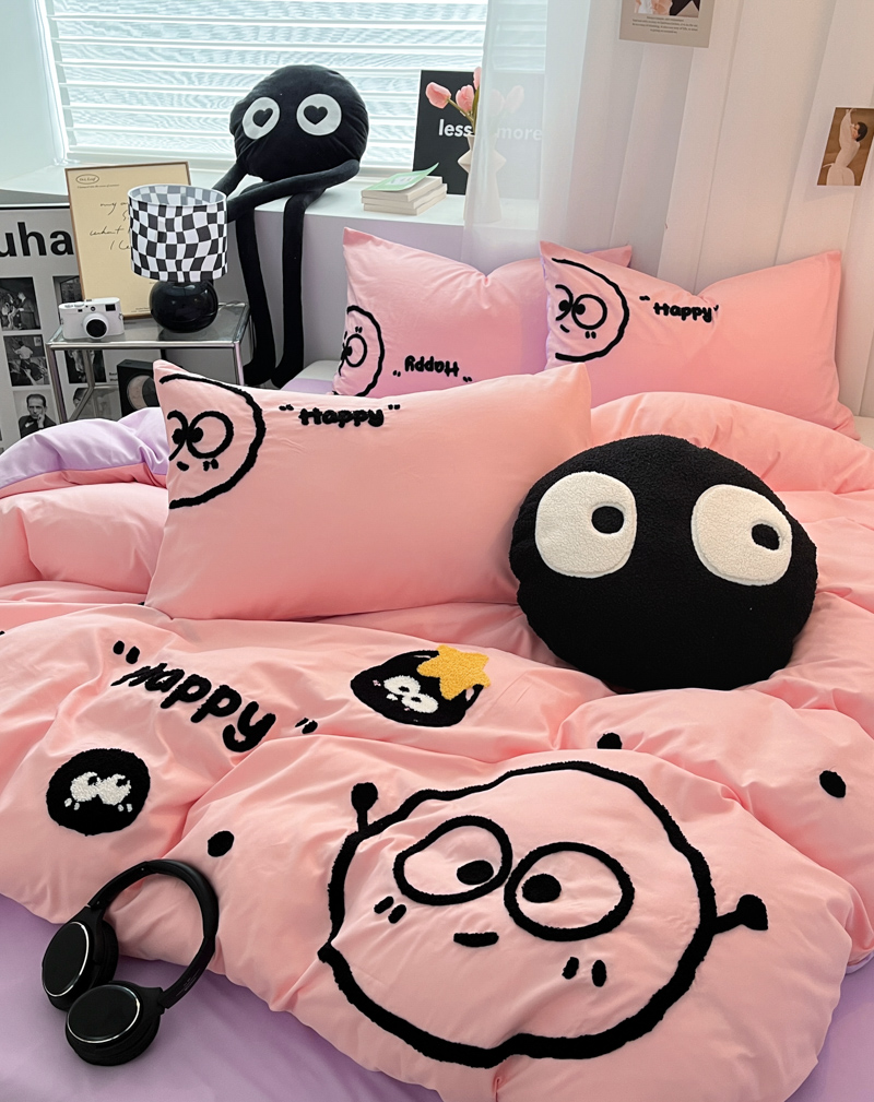 91家纺网 家纺一手货源 找家纺 沐慕家居 2024毛巾绣四件套 黑球球-粉紫