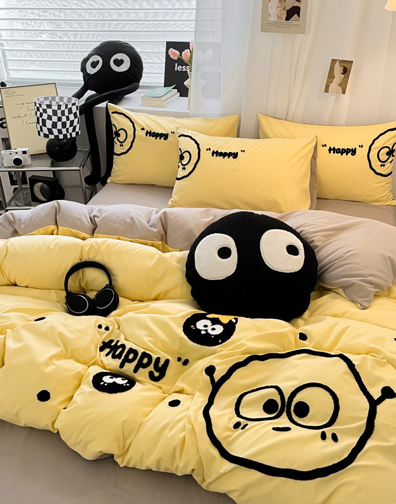 91家纺网 家纺一手货源 找家纺 沐慕家居 2024毛巾绣四件套 黑球球-黄色