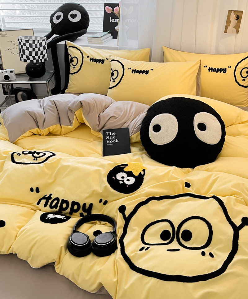 91家纺网 家纺一手货源 找家纺 沐慕家居 2024毛巾绣四件套 黑球球-黄色