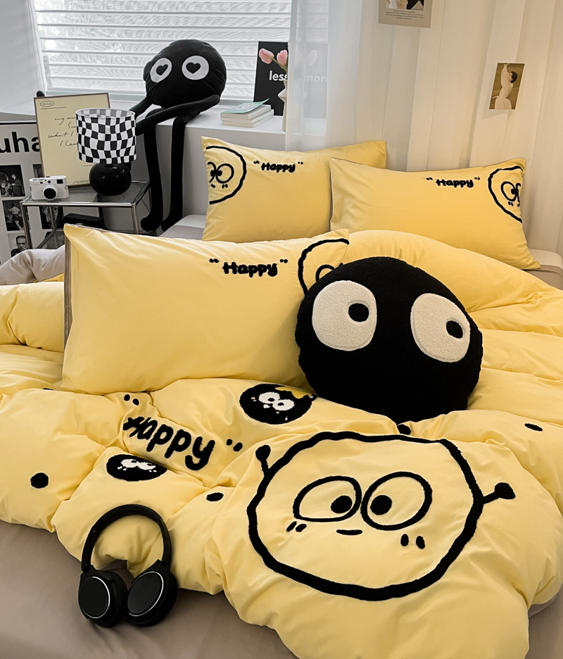 91家纺网 家纺一手货源 找家纺 沐慕家居 2024毛巾绣四件套 黑球球-黄色