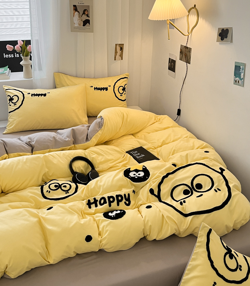 91家纺网 家纺一手货源 找家纺 沐慕家居 2024毛巾绣四件套 黑球球-黄色