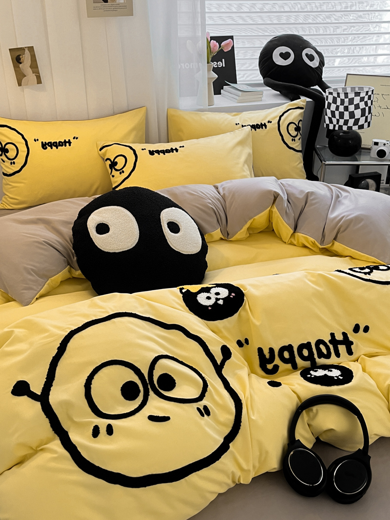 91家纺网 家纺一手货源 找家纺 沐慕家居 2024毛巾绣四件套 黑球球-黄色