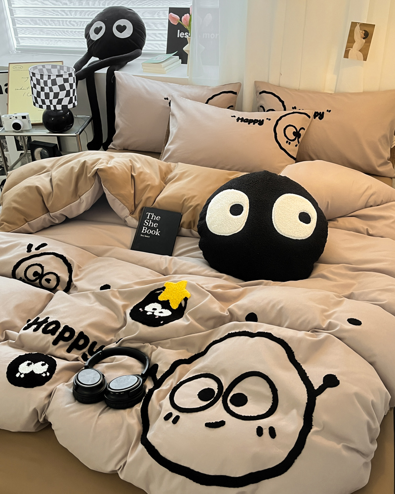 91家纺网 家纺一手货源 找家纺 沐慕家居 2024毛巾绣四件套 黑球球-卡其