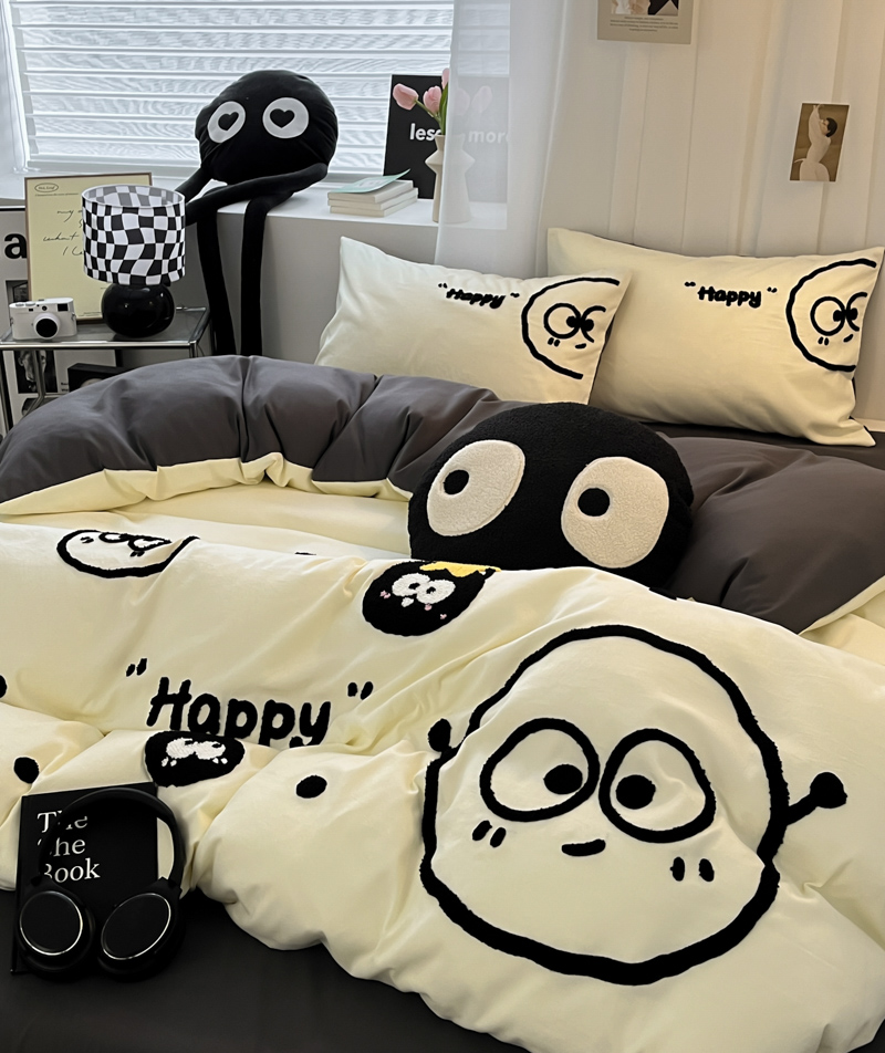 91家纺网 家纺一手货源 找家纺 沐慕家居 2024毛巾绣四件套 黑球球-米灰