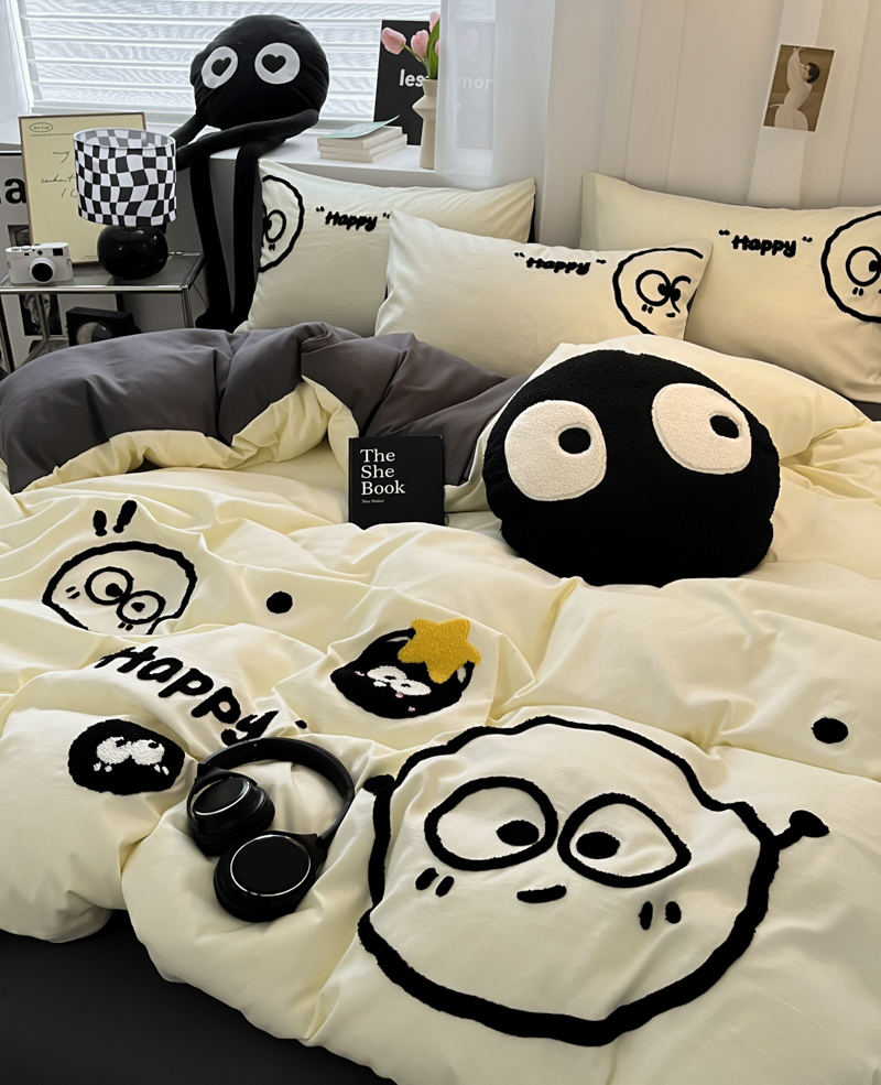 91家纺网 家纺一手货源 找家纺 沐慕家居 2024毛巾绣四件套 黑球球-米灰