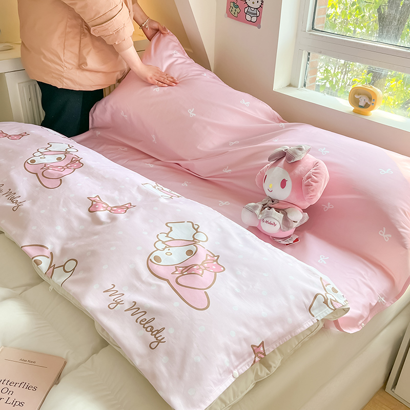 91家纺网 家纺一手货源 找家纺 金爱家 2024新款三丽鸥正版授权纯棉旅行隔脏睡袋火车出行睡袋系列（送同款收纳袋） 纯棉睡袋-蝴蝶结美乐蒂