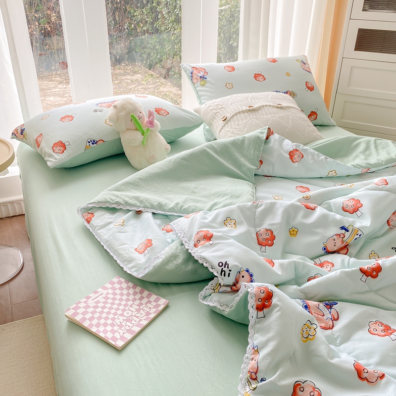 91家纺网 家纺一手货源 找家纺 羋多 2024新款小清新花边水洗棉夏被夏凉被夏被四件套被子 恐龙园