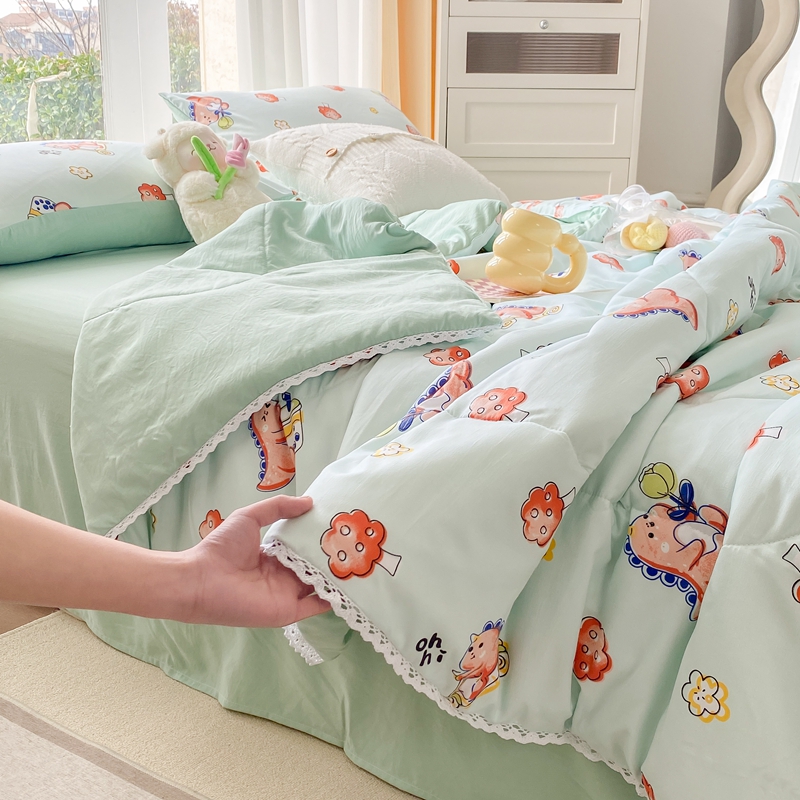 91家纺网 家纺一手货源 找家纺 羋多 2024新款小清新花边水洗棉夏被夏凉被夏被四件套被子 恐龙园