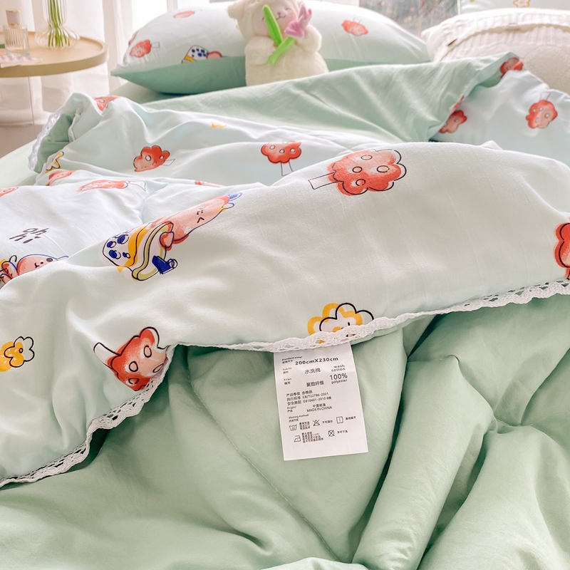 91家纺网 家纺一手货源 找家纺 羋多 2024新款小清新花边水洗棉夏被夏凉被夏被四件套被子 恐龙园