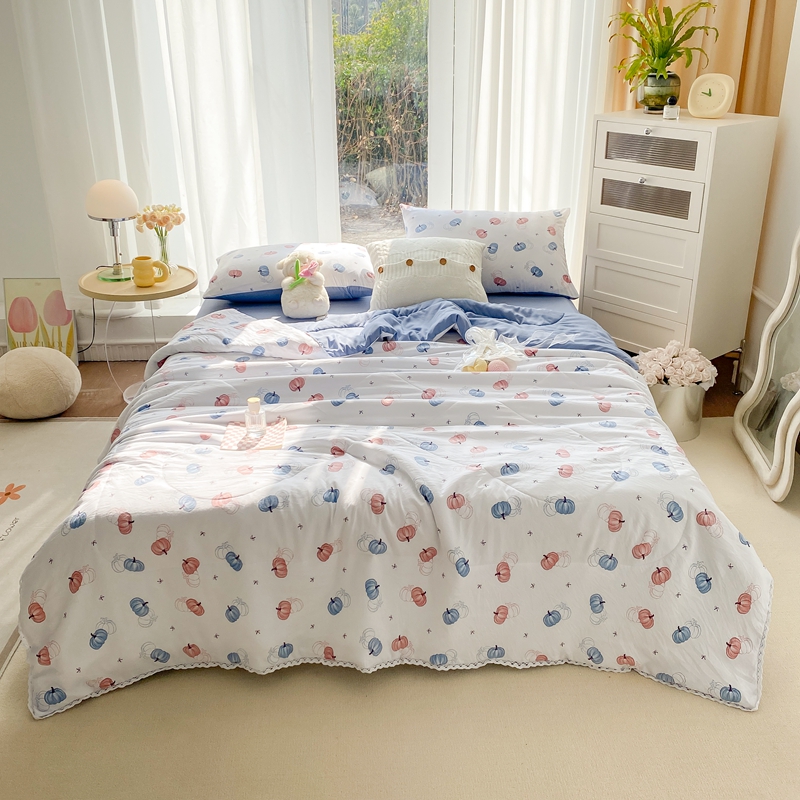羋多 2024新款小清新花边水洗棉夏被夏凉被夏被四件套被子 南瓜派对