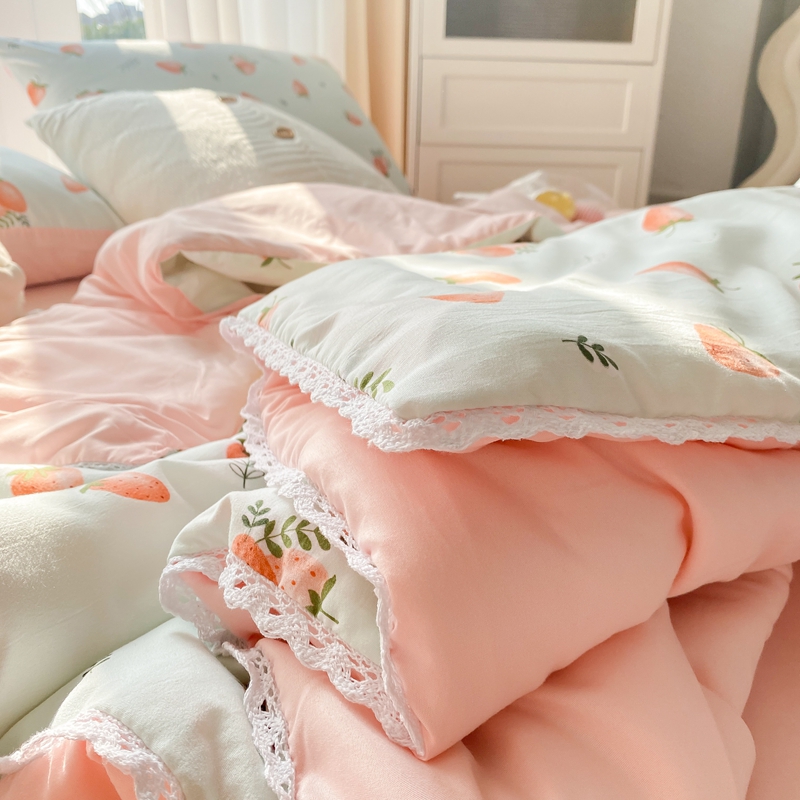 91家纺网 家纺一手货源 找家纺 羋多 2024新款小清新花边水洗棉夏被夏凉被夏被四件套被子  水果盛夏