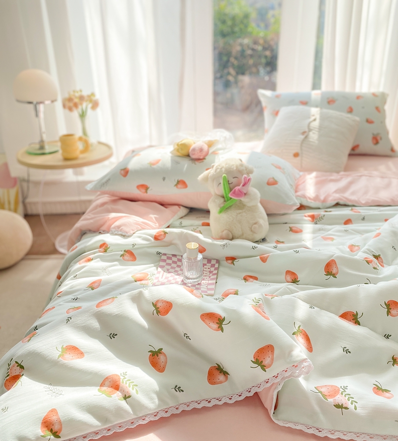 91家纺网 家纺一手货源 找家纺 羋多 2024新款小清新花边水洗棉夏被夏凉被夏被四件套被子  水果盛夏