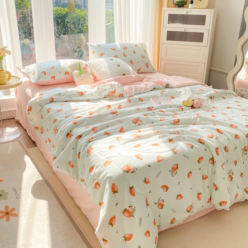 91家纺网 家纺一手货源 找家纺 羋多 2024新款小清新花边水洗棉夏被夏凉被夏被四件套被子  水果盛夏