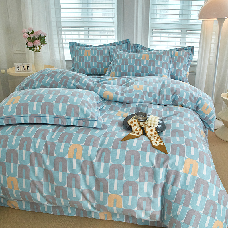 91家纺网 家纺一手货源 找家纺 金纱玉纺家纺 2024新款加厚AB版四件套 都市节奏-蓝