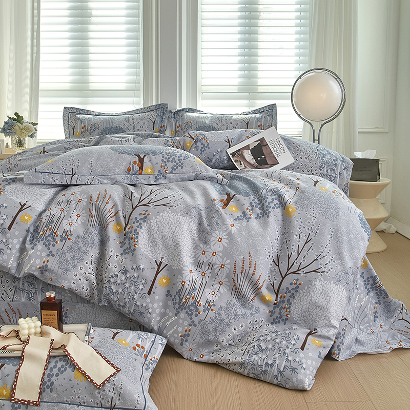 91家纺网 家纺一手货源 找家纺 金纱玉纺家纺 2024新款加厚AB版四件套 森林小镇-灰