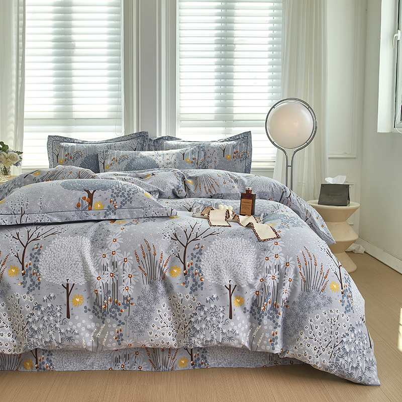 91家纺网 家纺一手货源 找家纺 金纱玉纺家纺 2024新款加厚AB版四件套 森林小镇-灰