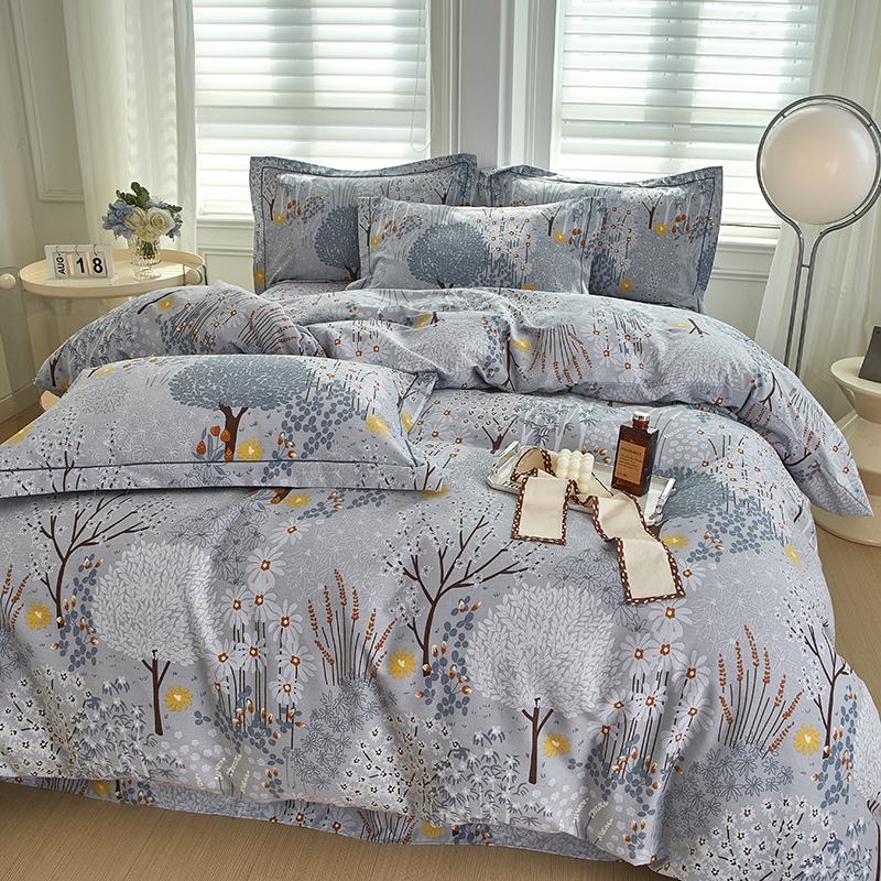 91家纺网 家纺一手货源 找家纺 金纱玉纺家纺 2024新款加厚AB版四件套 森林小镇-灰