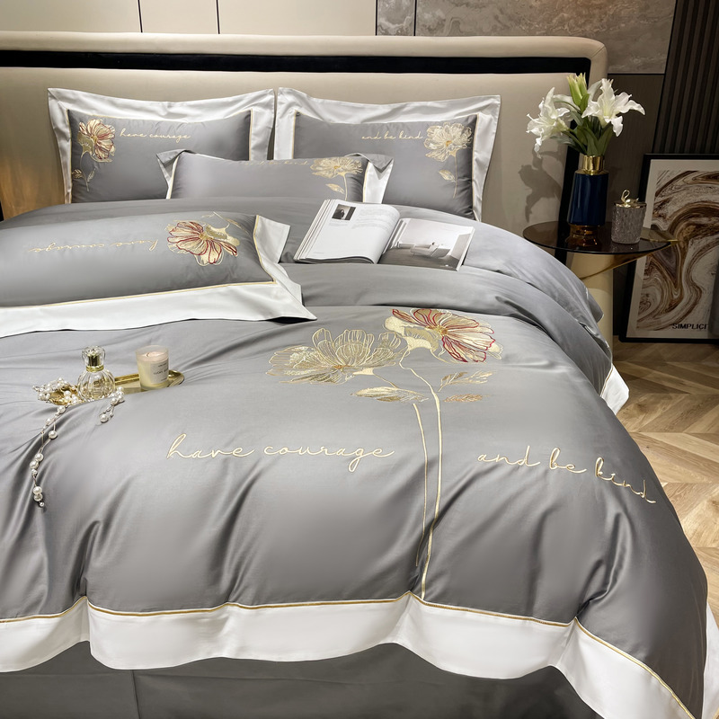 91家纺网 家纺一手货源 找家纺 200支新款长绒棉宽边刺绣四件套