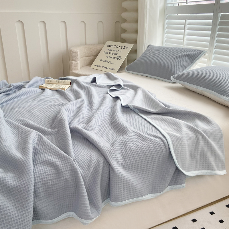 91家纺网 家纺一手货源 找家纺 来菲毛毯 2025新款全棉A类针织盖毯夏凉被 蓝灰