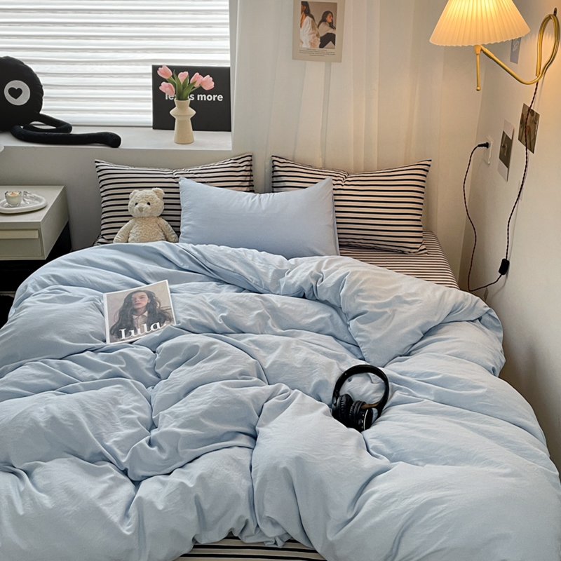 91家纺网 家纺一手货源 找家纺 耀达家居 2024新款ins 纯色双拼条纹水洗棉四件套 海盐蓝